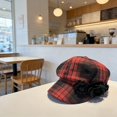 thumbnail image 3 of Retro Checkered Beret With Floral Embellishments; Artistic Style Baseball Cap With Three-dimensional Floral Decoration., 3 of 15