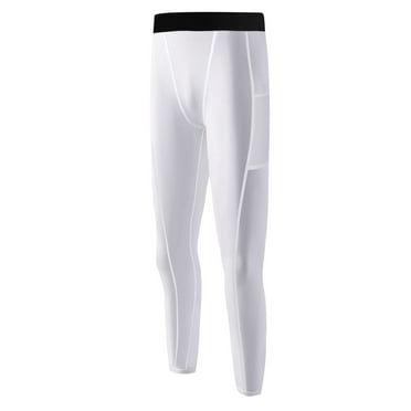 Baywell Youth Boys' Compression Leggings Tights Athletic Pants for Basketball Quick Dry Sports Base Layer with Pockets for Running Hockey Football White 6-7Y