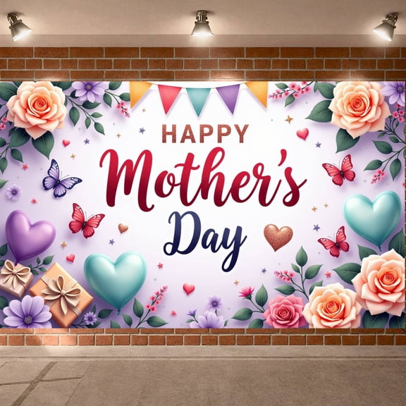 Pastel Color Happy Mother's Day Banner Floral Design Mother's Day Backdrop Heart Shape Butterfly Pattern Warm Background for Mother's Day Party Family Gathering Home Decoration