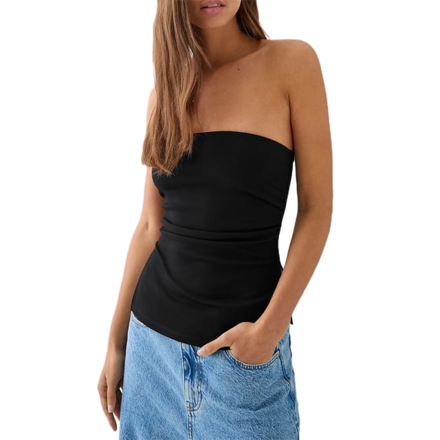 Gupgi Women's Tube Tops Slim Solid Color Bandeau Side Ruched Split Off Shoulder Backless Sleeveless Tops