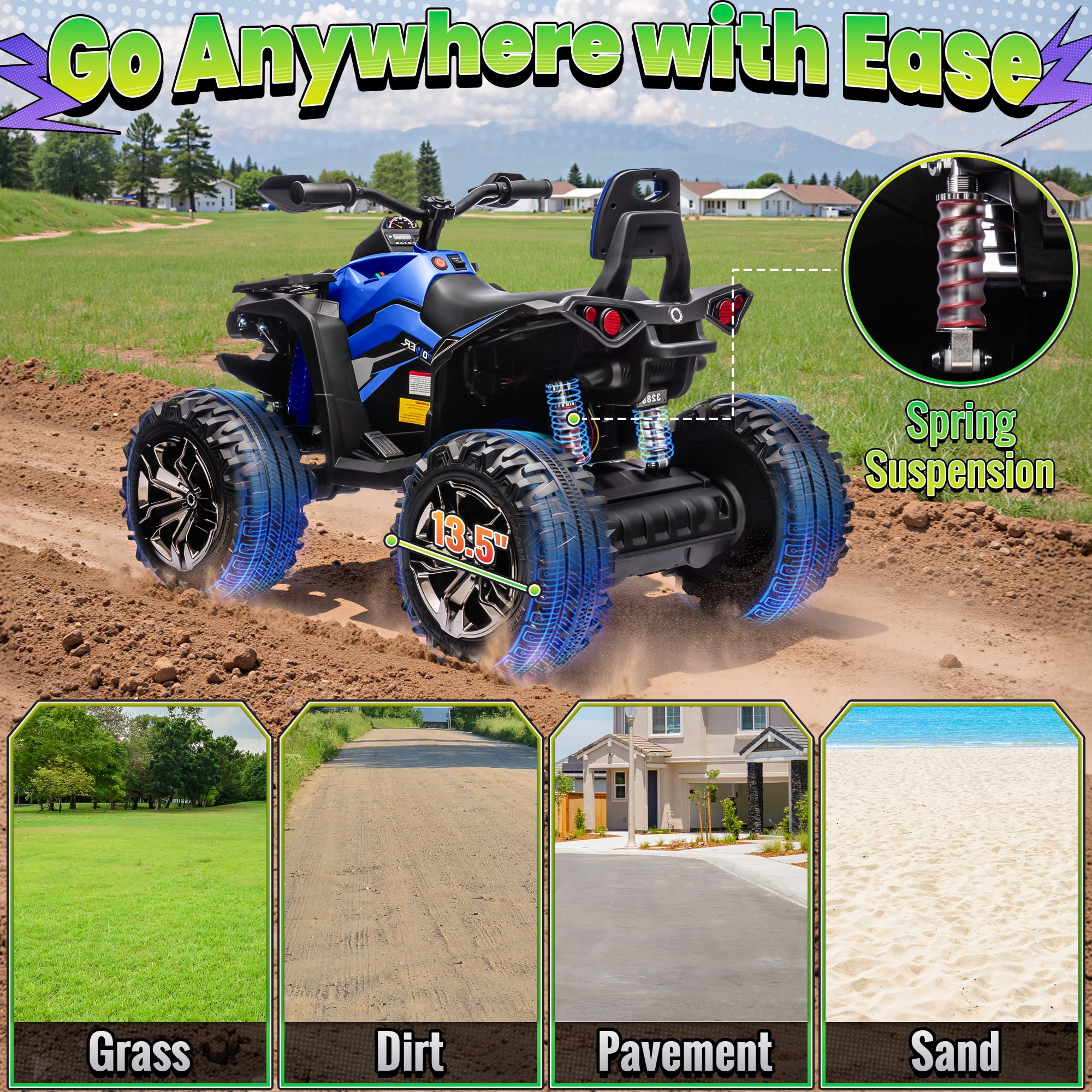 Joyracer 4WD ATV for Kids, 24 Volt Ride on Toys with Remote, Power Car Wheels, Outdoor Gift with 800W Motor, Bluetooth Music, Horn, LED, Blue