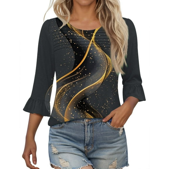 SHE IS Womens 3/4 Sleeve Tops, Long Sleeve Shirts for Women Work Stylish Tops for Women Trendy 2025 Yellow Long Sleeve Blouse Women Workout Tees for Women Tight