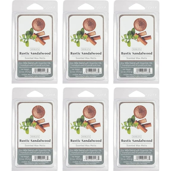 Hosley Rustic Sandalwood Scented Wax Melts Cubes – Set of 6, 2.5 oz Each, Hand Poured Wax with Essential Oils, Long Lasting for Warmers, Home Fragrance, Aromatherapy, Meditation, Spa & Weddings