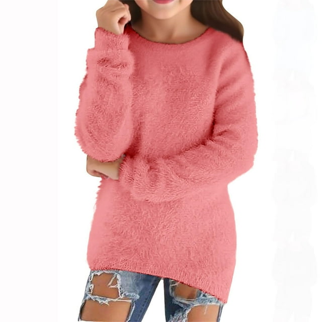 yardsong Chandail Doux, Duveteux et Pelucheux pour Filles d'Automne et d'Hiver - Léger, Confortable, à Manches Longues, Coupe Ample, Col Ras du Cou, Rose,140