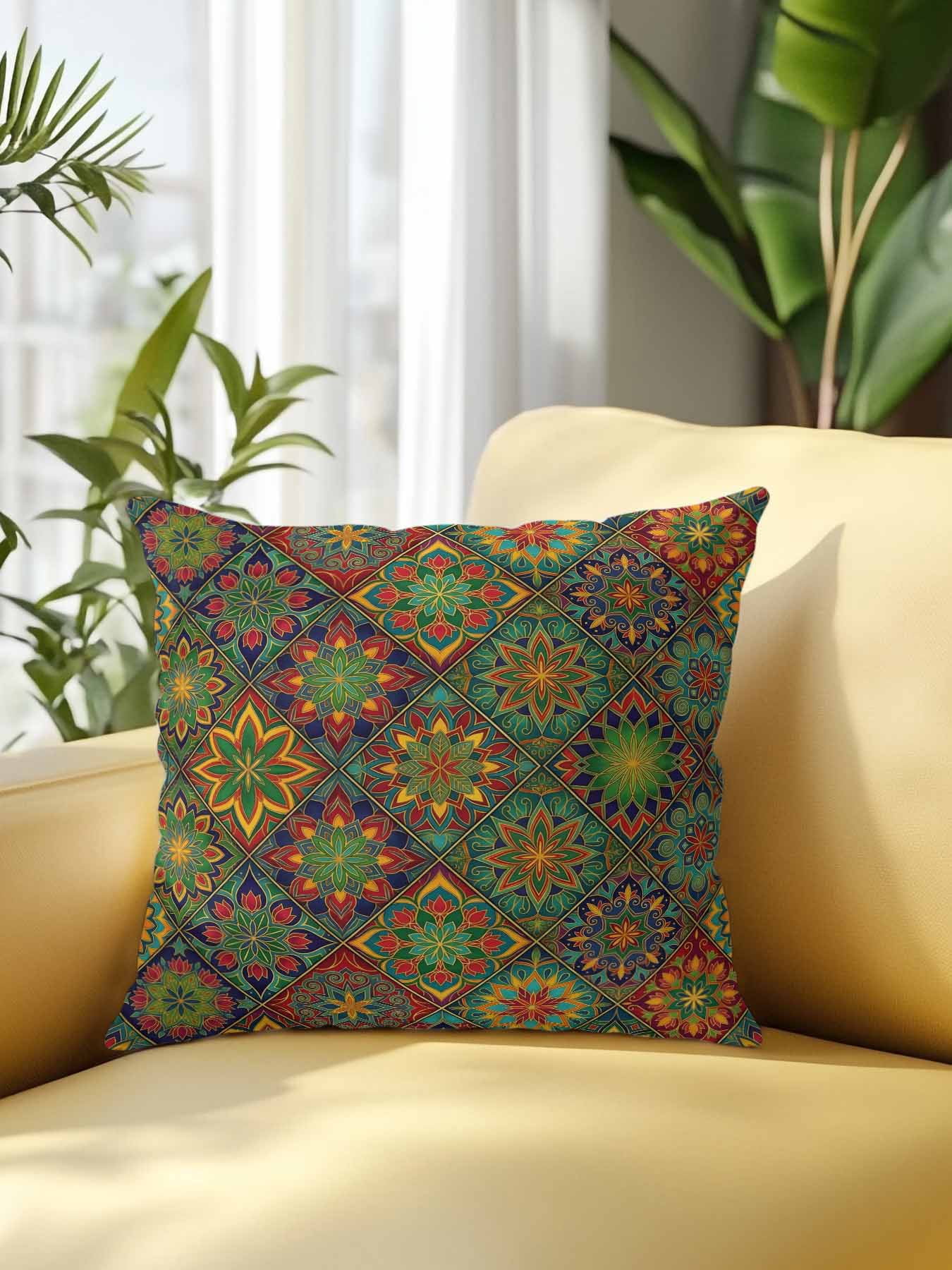 1 Pack Outdoor Throw Pillow, Retro Boho Waterproof Pillow with Insert Included, Green Blue Red Ethnic Floral Geometric Abstract Decorative Accent Cushion Sofa Pillows for Patio Porch, 18 x 18 In