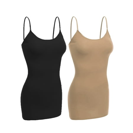 White Cami Tank Top Essential Basic Women Basic Built In Bra Spaghetti Strap Layering Cami Top Tank - Junior Size ()