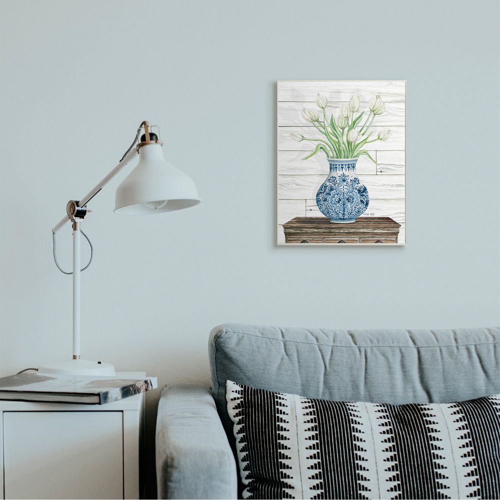 Stupell Industries Tulip Bouquet in Blue Ceramic Vase White Floral Design Wall Plaque Design by Cindy Jacobs