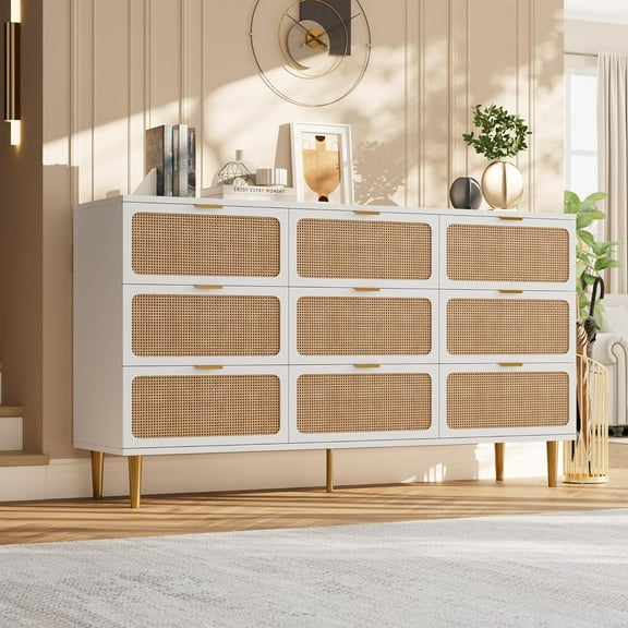 IDEALHOUSE White Rattan 9 Drawer Dresser, Bedroom Storage Cabinet, Sturdy Metal Legs, Wide Top, Elegant Wood Finish, Easy Assembly, Modern Organizer, Home Living Room Chest