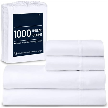 4-Piece Queen Sheet Set – 1000 Thread Count Egyptian Cotton, White, 17” Deep Pocket Fitted, Hotel-Quality Soft Bedding