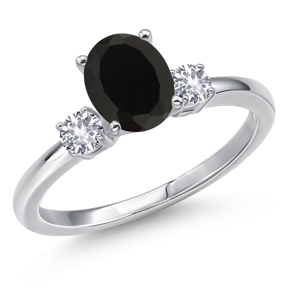 Gem Stone King 14K White Gold Black Onyx and White Created Sapphire Engagement Ring for Women | 1.86 Cttw | Oval 8X6MM | Gemstone December Birthstone | Size 8