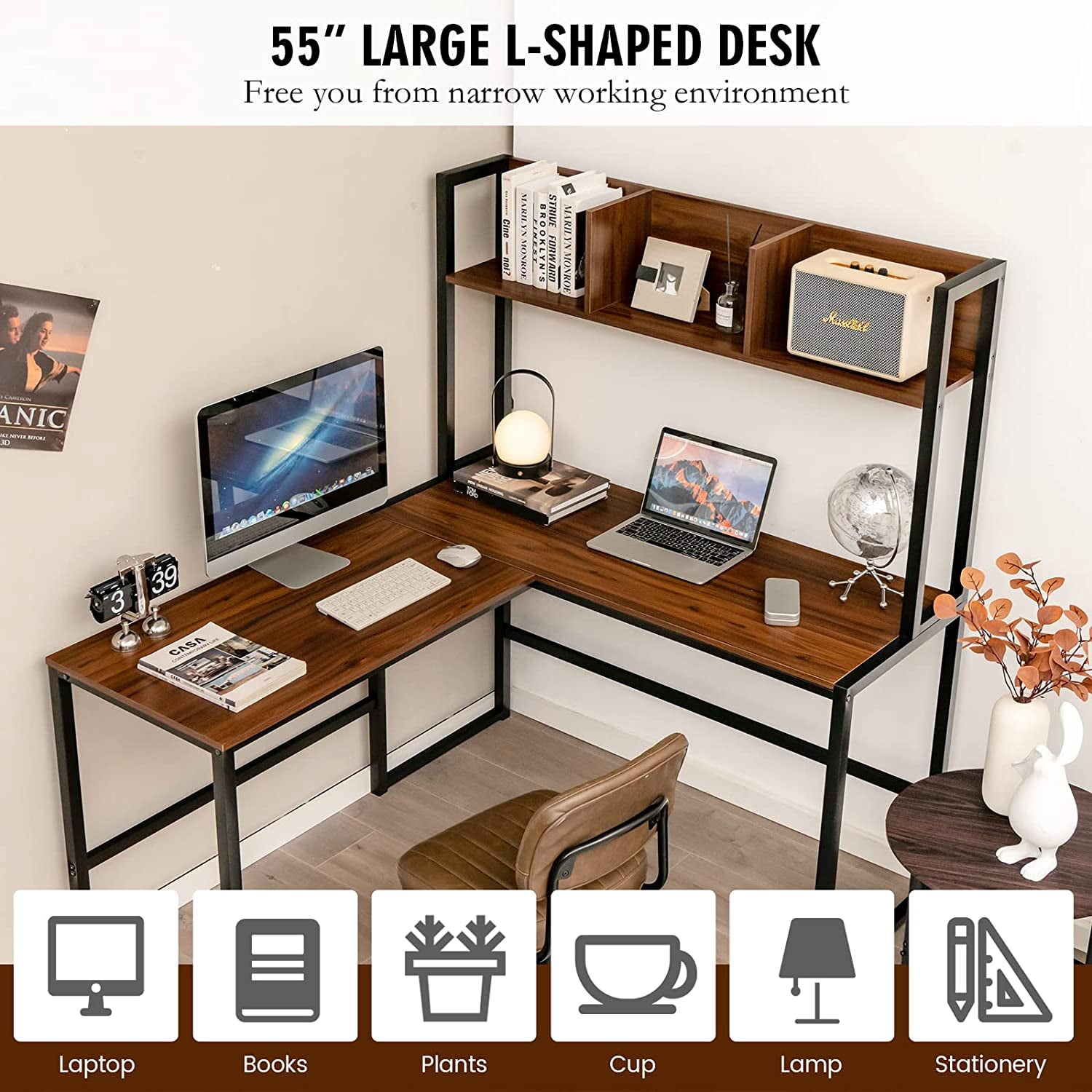 Neatifyes Reversible L-Shaped Desk with Hutch, Space Saving Corner Computer Desk with Storage Shelves, Home Office Study Writing Desk Computer Workstation with Storage Bookshelf, Gaming Desk