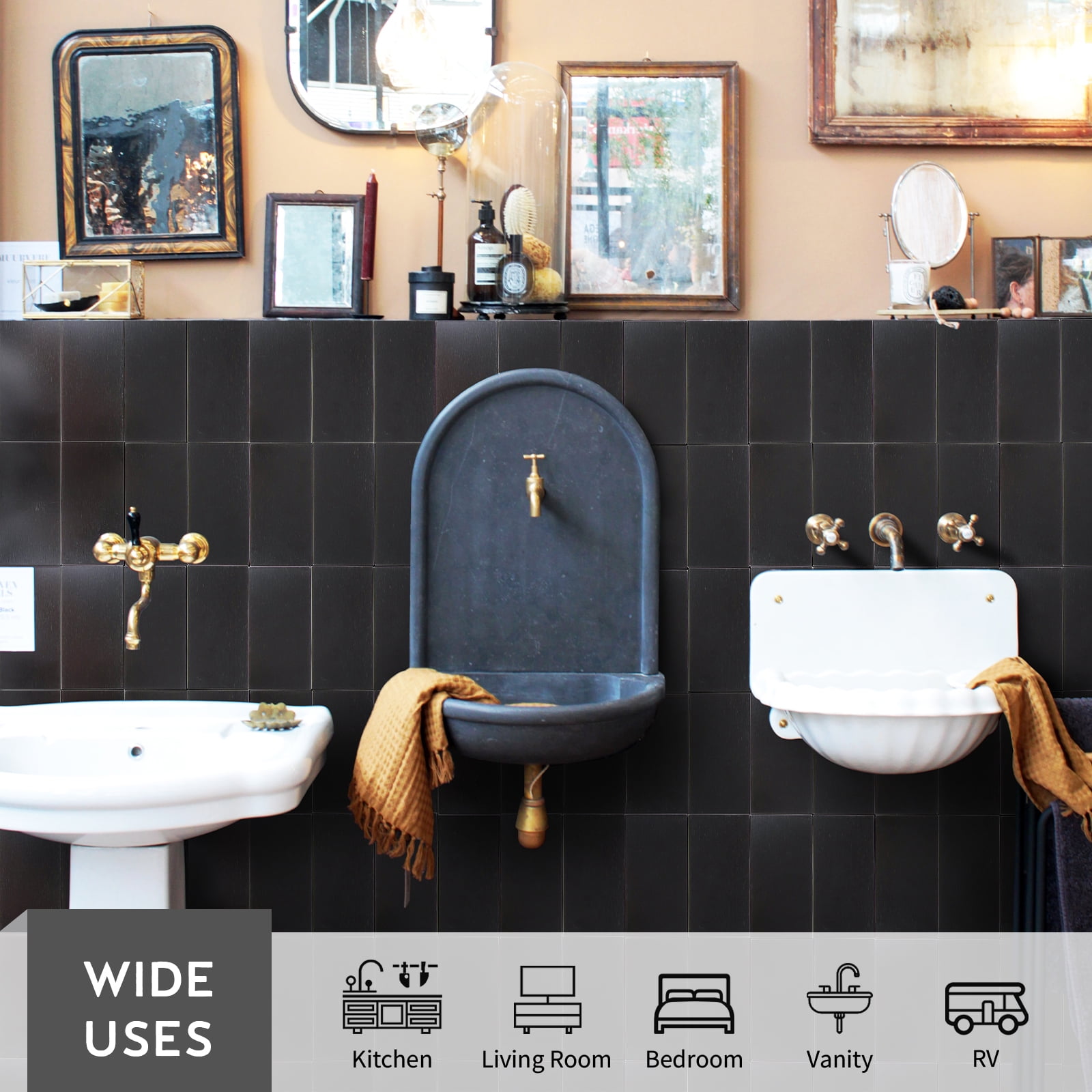 48 Pieces Black Peel and Stick Backsplash Subway Tile, 3"x6" Brushed Metal Stick on Backsplash for Kitchen Bathroom