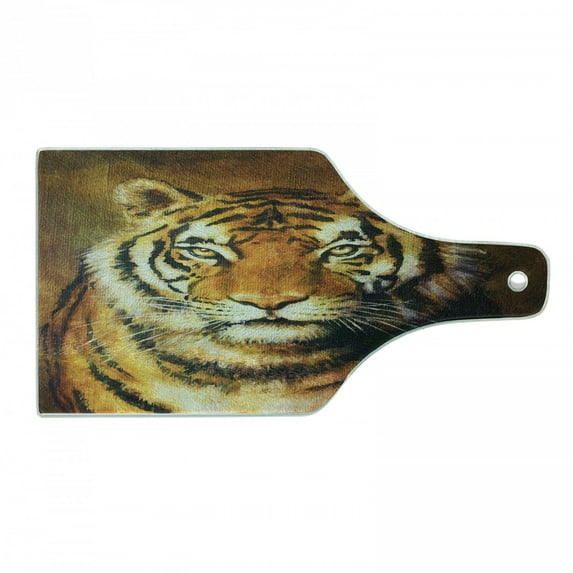 Tiger Cutting Board, Oil Painting Style Big Cat Purposeful Eyes Carnivore Bengal Feline of East, Decorative Tempered Glass Cutting and Serving Board, Wine Bottle Shape, Black Pale Brown, by Ambesonne