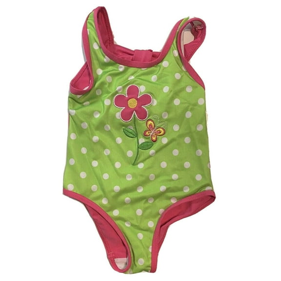 PENELOPE MACK GIRLS SWIMSUIT - FLOWER GREEN DOT SZ 24 MONTHS - ONE PIECE UPF 50 