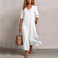 thumbnail image 4 of Ayolanni 3/4 Sleeve Fall Dresses for Women V Neck Babydoll A-Line Maxi Dresses Hawaii Beach Solid Button Down Long Dress with Pockets White M, 4 of 7