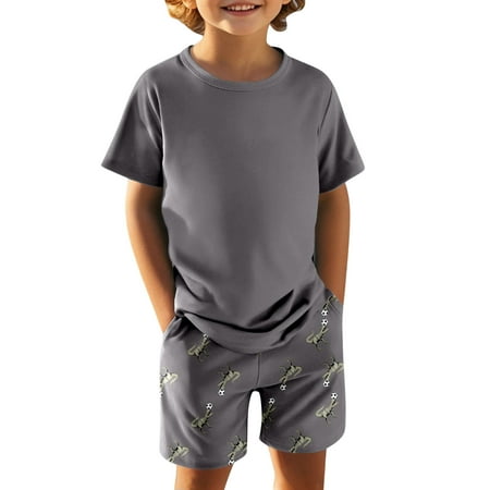 Boys Spring Outfits Solid Color Crew Neck Top with Dinosaur Soccer Print Shorts 2 Pcs Boys Short Sets Grey 4-5 Years