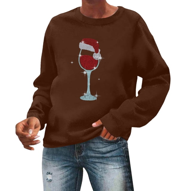 Wyzesi Chandails en Molleton pour Femmes Col Rond Poche Poitrine Chandail en Molleton Noël Manches Longues Imprimé Lettre Décontracté Motif Mignon Imprimé Noël Col Rond Pull Automne Chandails en Molleton Maternité Midi