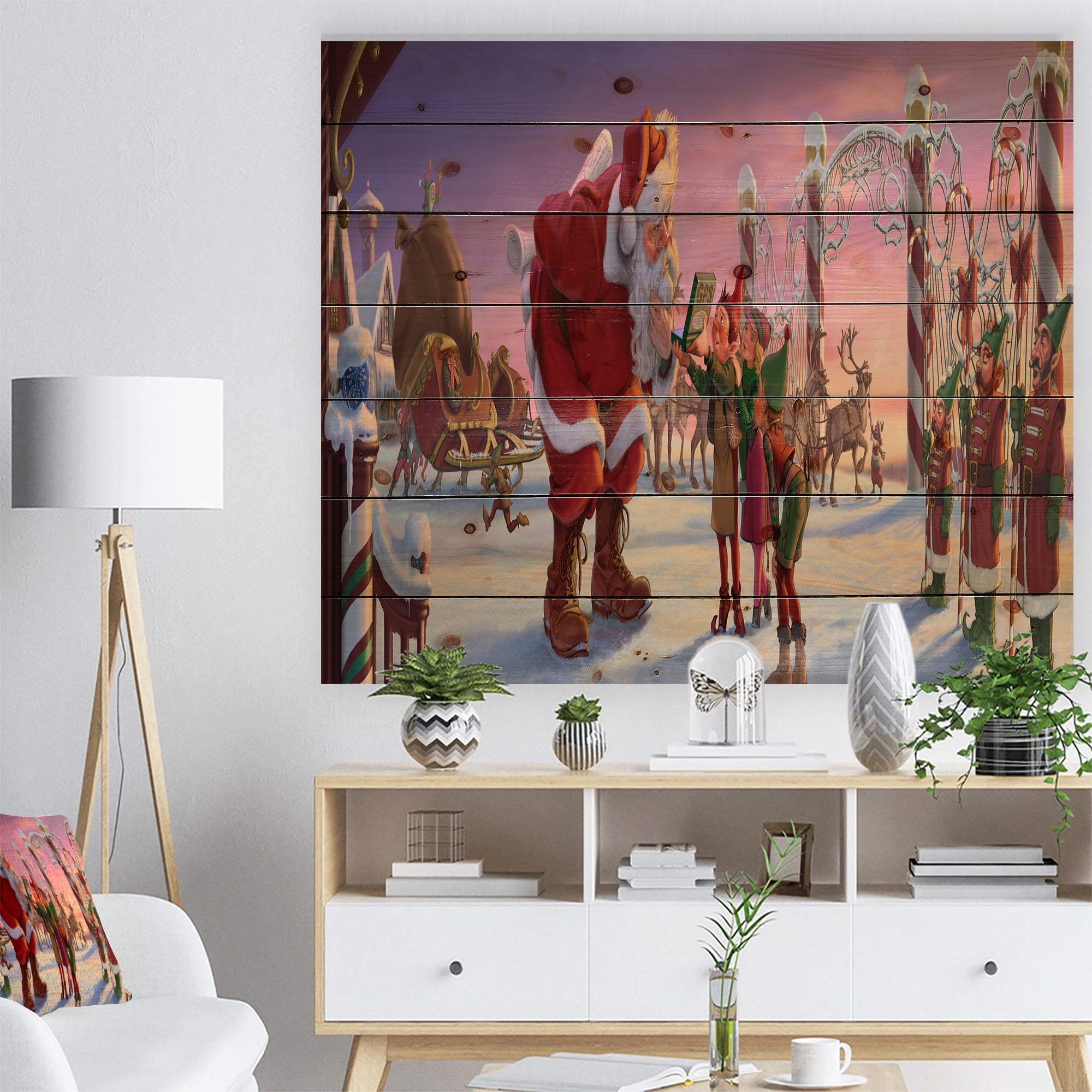 Designart 'Stanta Claus with Elves on North Pole' Print on Natural Pine Wood