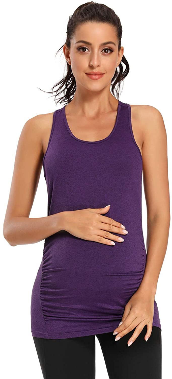 Ecavus Womens Maternity Tank Tops Seamless Racerback Sleeveless Workout Athletic Yoga Tops Pregnancy Shirt 
