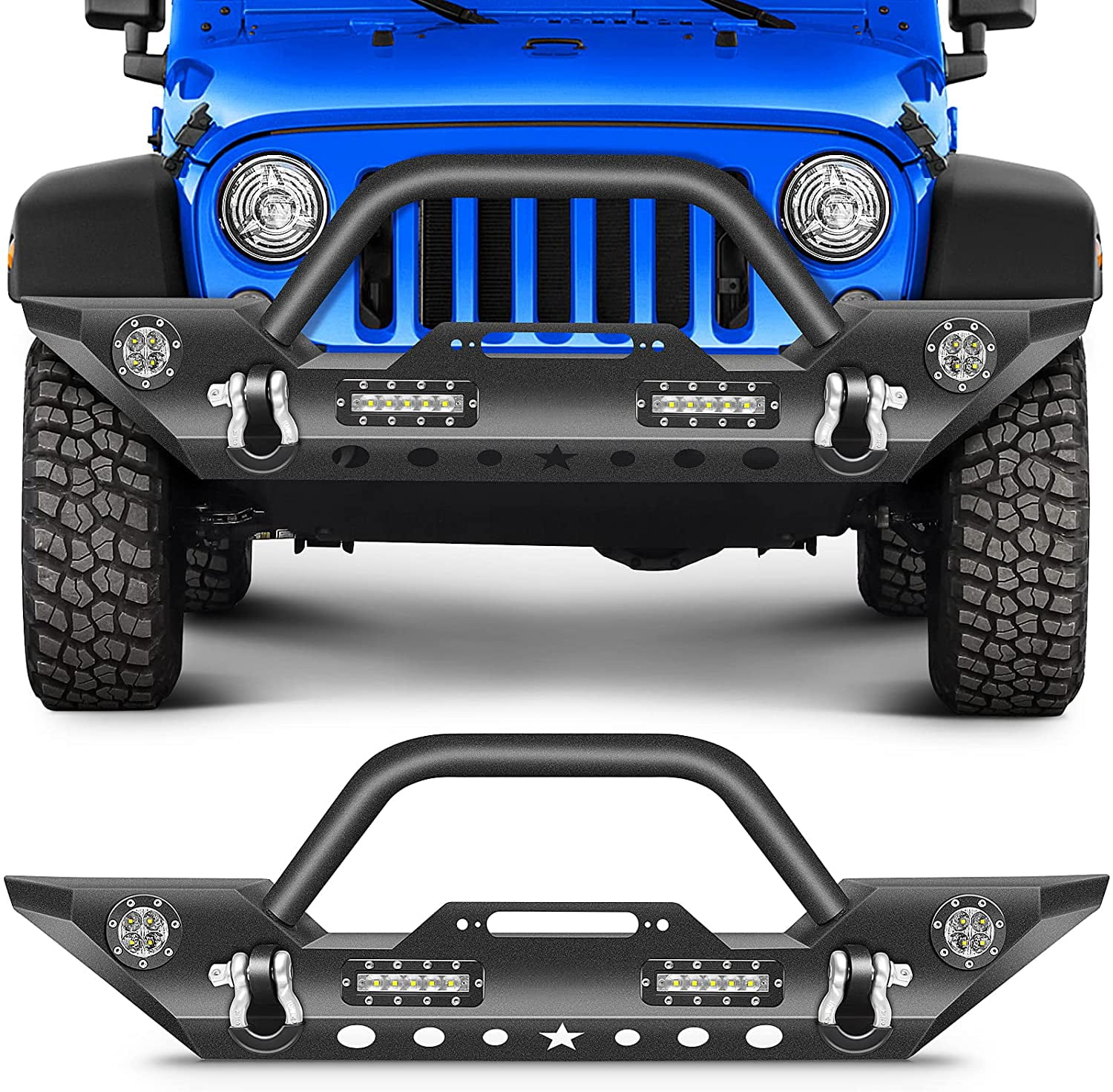 ECCPP Front Bumper Fit for 2007-2018 for Jeep Wrangler JK (with D-ring &  LED Lights & Winch Plate ) Texture Black 