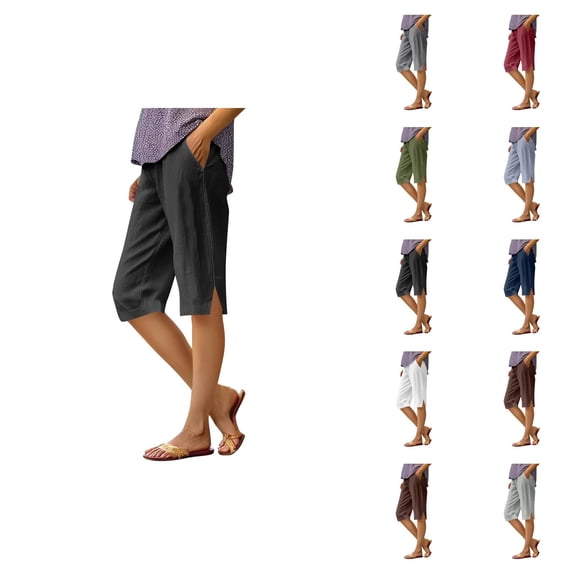 Knee Length Shorts for Women Summer Cotton Linen Elastic High Waist Straight Leg Side Split Hem Casual Shorts with Pockets