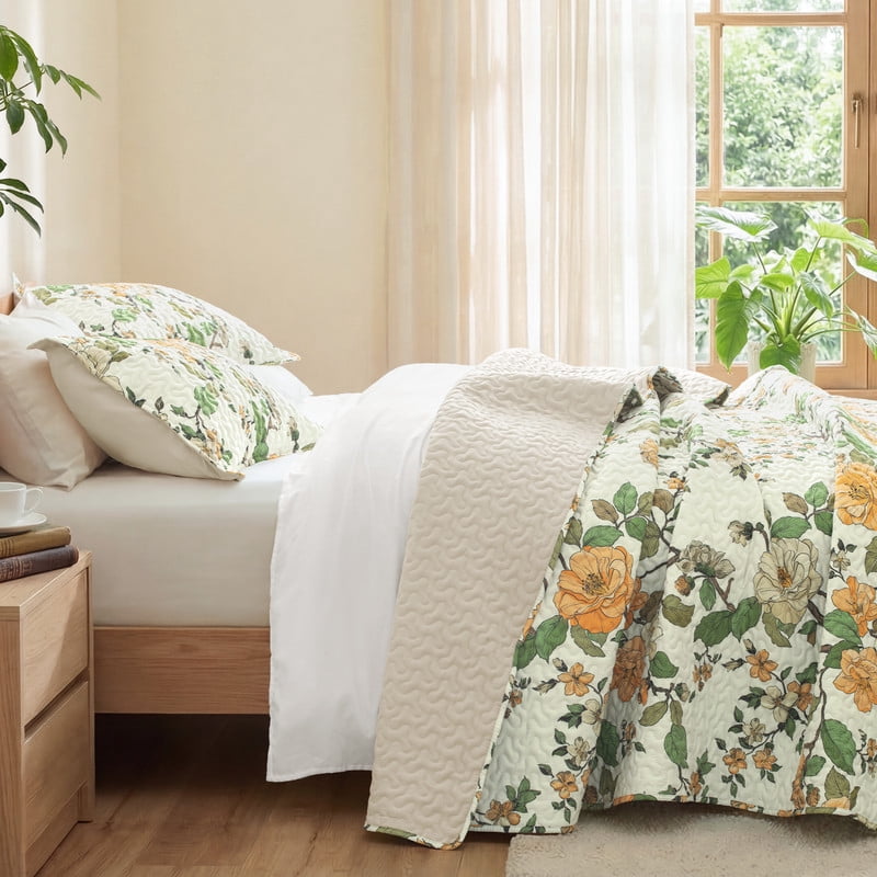 Exclusivo Mezcla Floral Twin Size Quilt Set, Yellow Twin Quilt Bedding Set with Cottagecore Garden Pattern, Reversible Lightweight Bedspreads Coverlets (68"x88")