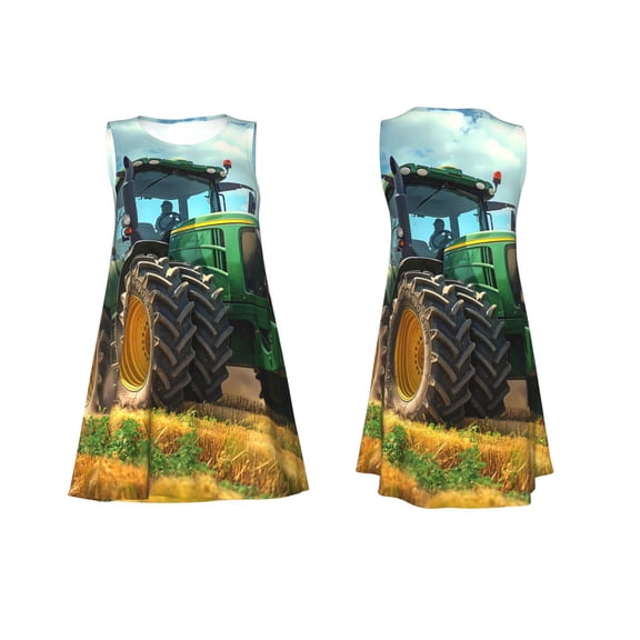 Horeoi Green Tractor Field Print Women's Sleeveless Dress Cotton-like Flared Hem Deep Side Pockets Above-Knee