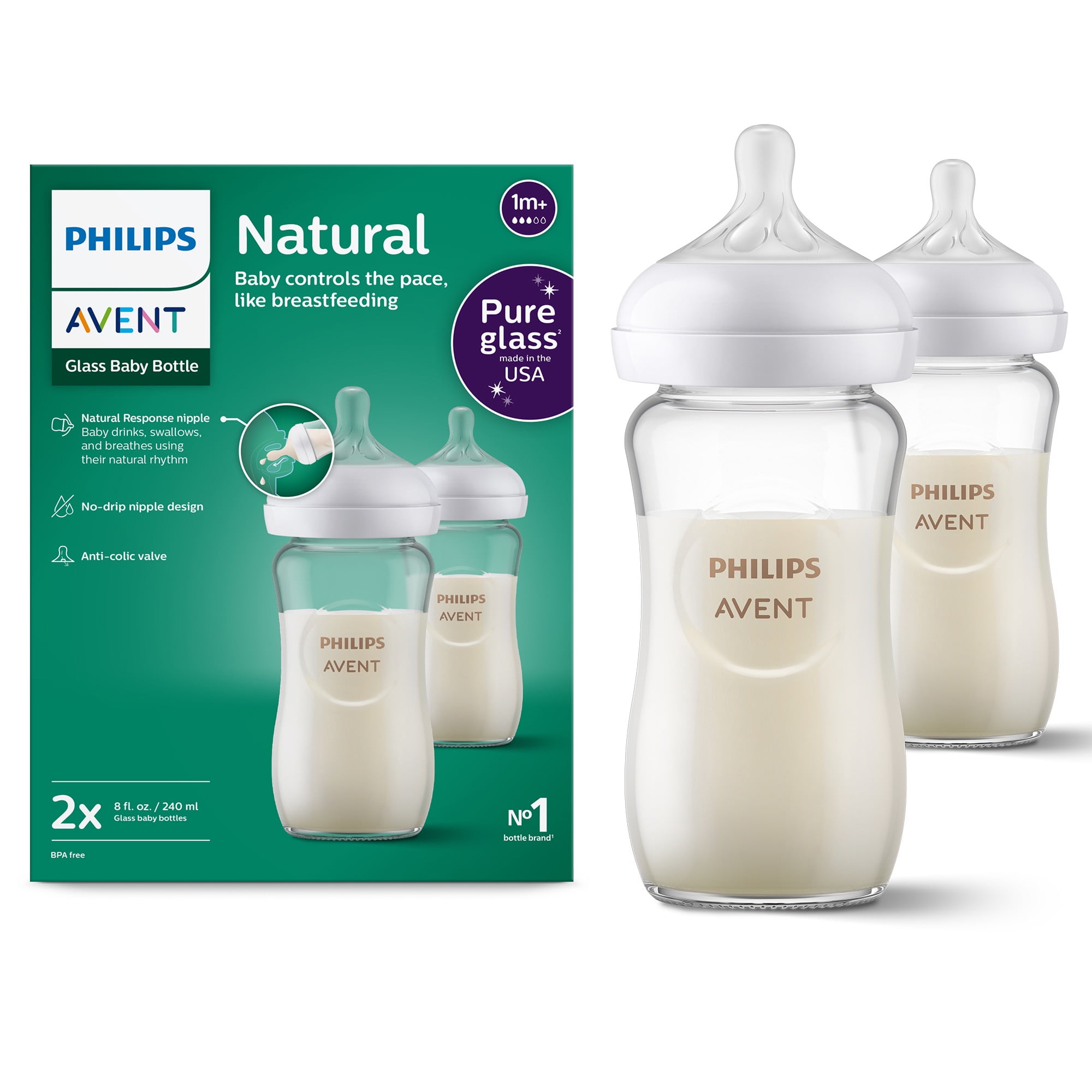 (4 pack) Philips Avent Natural Glass Baby Bottles with Natural Response Nipples (Medium Flow, Flow 3), 8oz, 2-Pack, SCY913/02