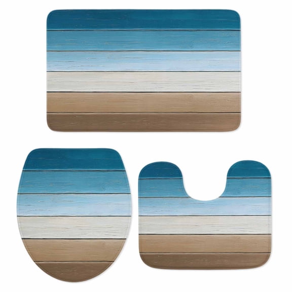 Blue Beige Brown Bath Mat 3 Piece Bathroom Rug Set, Country Retro Gradient Wooden Grain Non Slip Bath Rug Contour Mat and Toilet Lid Cover, Absorbent Shower Mats Soft Bath Rugs and Mats Sets