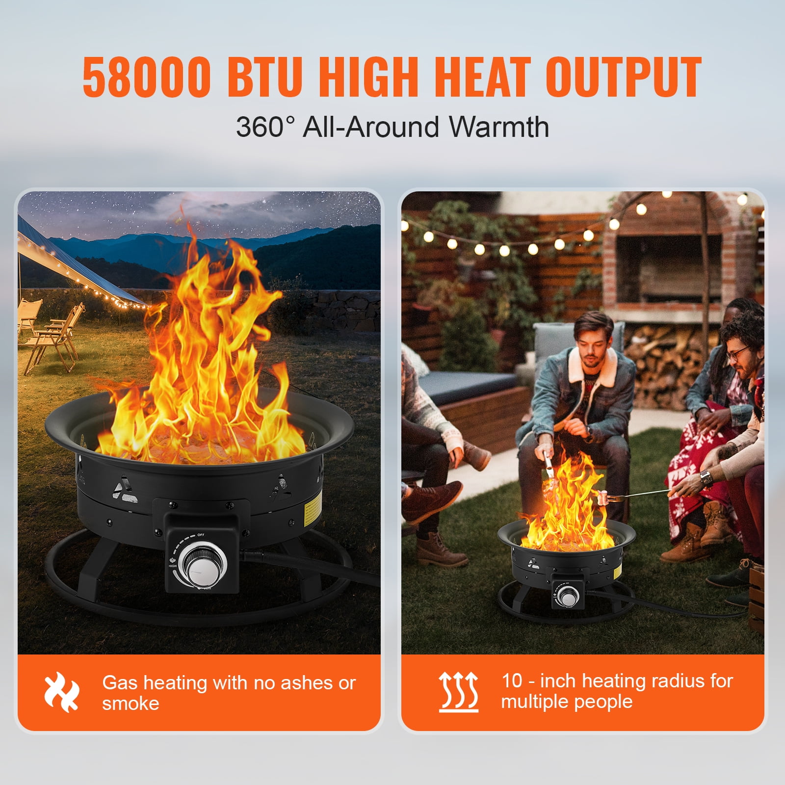 VEVOR Propane Fire Pit, 19-Inch Diameter Outdoor Portable Gas Fire Pit with Cover & Lava Rocks, Adjustable Flame Height Camping Firepit for Heating, Lighting, Gathering, 58,000 BTU, Black