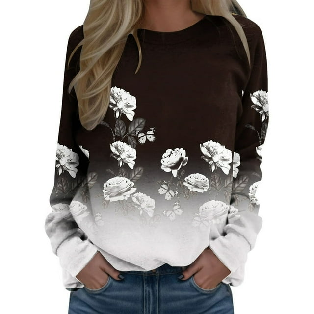 Tops For Womens Print O Neck Sweatshirt Neck Fit Pullover Tops Comfortable Long Sleeve Workout Shirts Loose Blouse