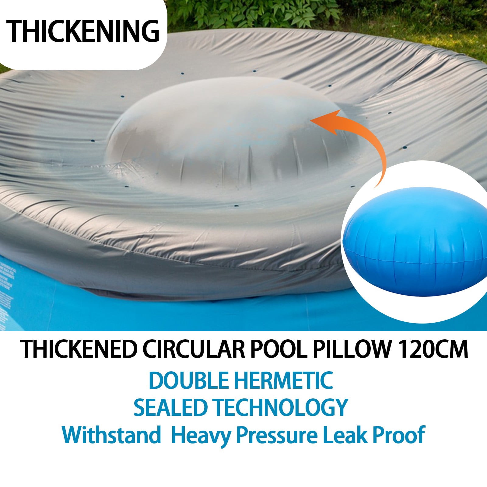 120cm Winter Pool Air Pillow for Above Ground Pools, Cold-Resistant Inflatable Pool Cover Pillow, Winterize Pool Closing Kit with 2pcs 3M Fixing Ropes for Protection(0.30mm)