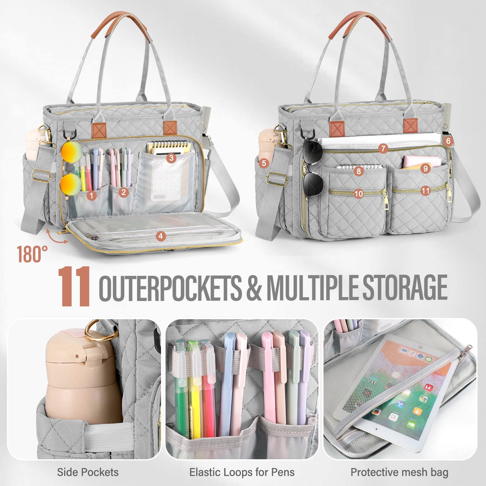 Gocvo Large Capacity Womens Work Bag Multi-functional Teacher Tote Bag with Laptop Compartment Office Work Tote Bag, Gray