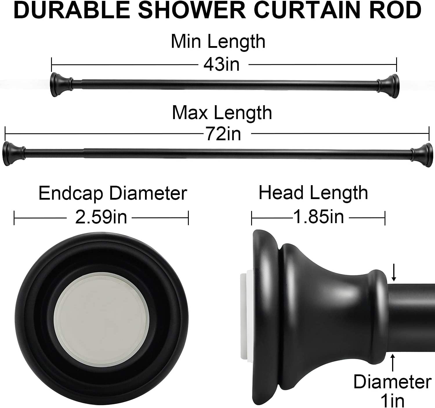 BloomFlower Black Shower Curtain Rod, 43-72 inches, Matte Black,Never Rust , Metal Rod,Tension Rod with Spring