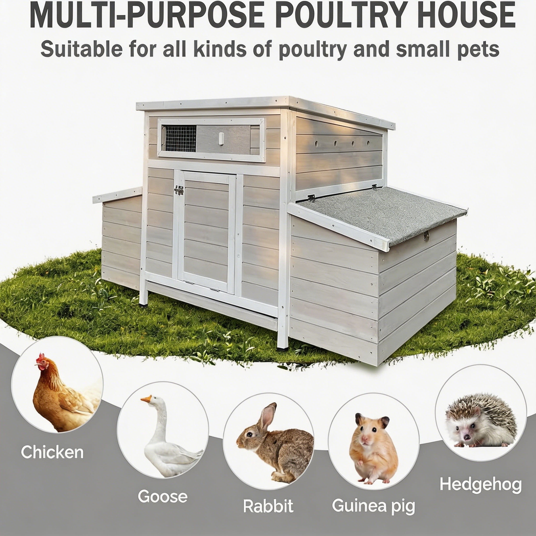 Backyard Chicken Coop with Nesting Box, Weather Resistant Wooden Hen House, Walk-In Run Options, Fits 2-6 Chickens, Gray Coop