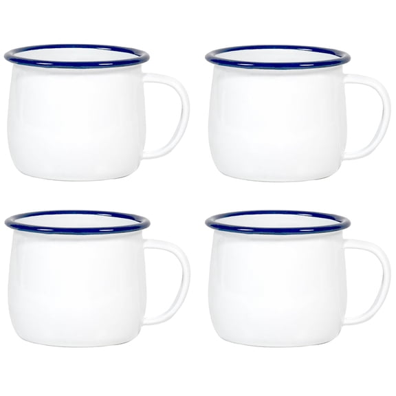 Red Co. Set of 4 Enamelware Metal 12 Oz Round Camping Mugs with Handle, Solid White/Navy Blue Rim