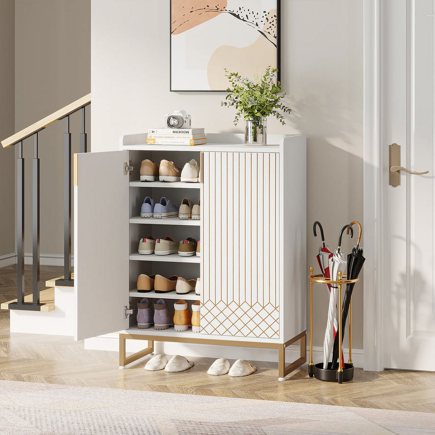 Tribesigns Shoe Cabinet for Entryway, 25 Pairs Shoe Cabinets with Doors, 5-Tier Wood Shoes Rack Organizer, White and Gold