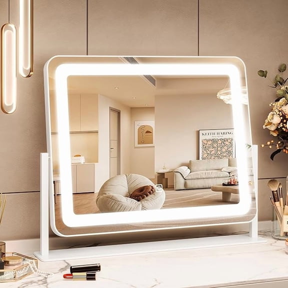 Vanity Mirror with Lights, 19.6"x15.7" LED Makeup Mirror with Lights, Large Lighted Makeup Mirror, Touch Screen, 3-Color Dimmable Desk Mirror for Bedroom, Vanity Desk, Tabletop, Dressing Room, White