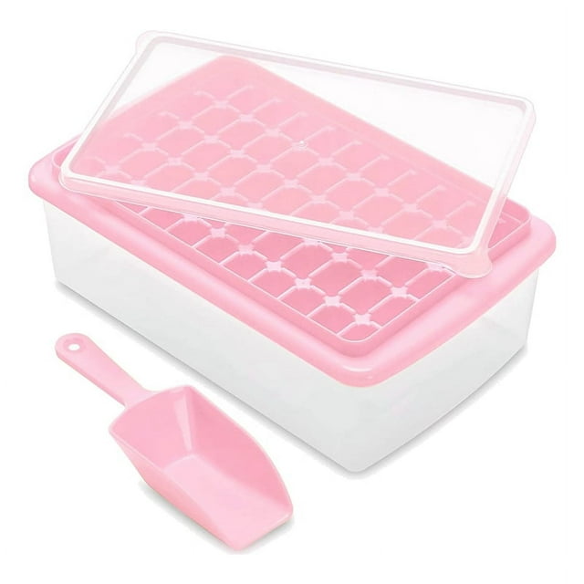 Bandeja de Cubitos de Hielo con Tapa y DepóSito de Almacenamiento, Bandeja de 55 Hielos de FáCil LiberacióN con Tapa Resistente una Derrames, Recipiente, Pala Rosa