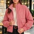 thumbnail image 4 of SHENGXINY Plaid Jacket for Women Stand Collar Zip Up Cropped Outwear with Pockets Checkered Casual Long Sleeve Winter Fall Coat Red M, 4 of 6