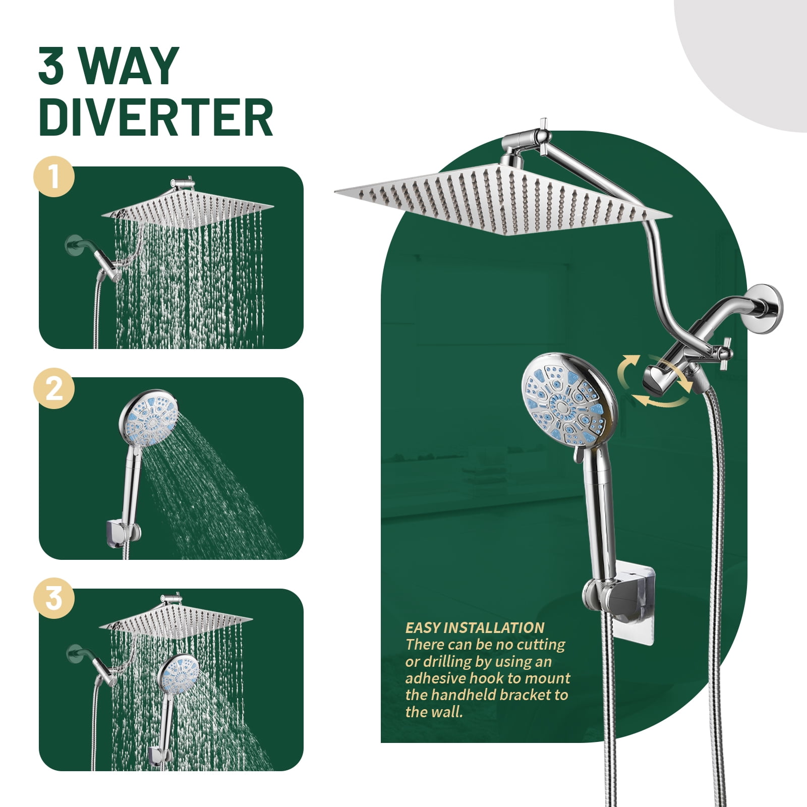 Cobbe 10-Inch Dual Shower Heads with Handheld Spray Combo, 3-Way Rain Shower Head, 9-Spray Patterns Handheld Shower, Chrome