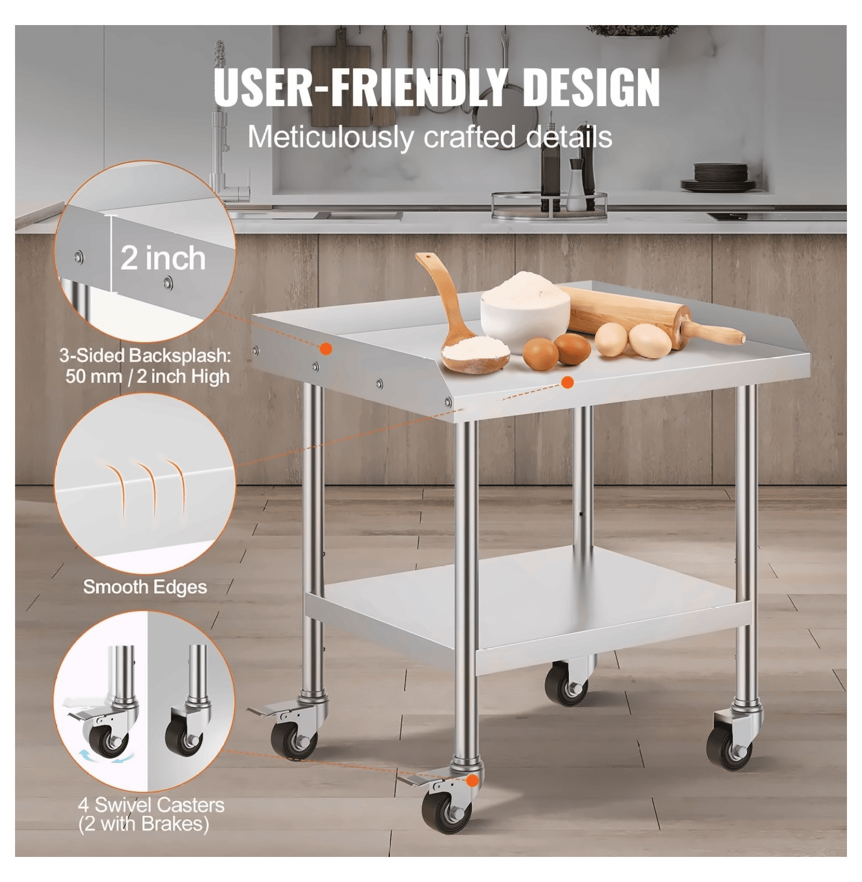 Stainless Steel Work Table 24x28x30 Inch - Commercial Kitchen Prep Table with Wheels & Backsplash