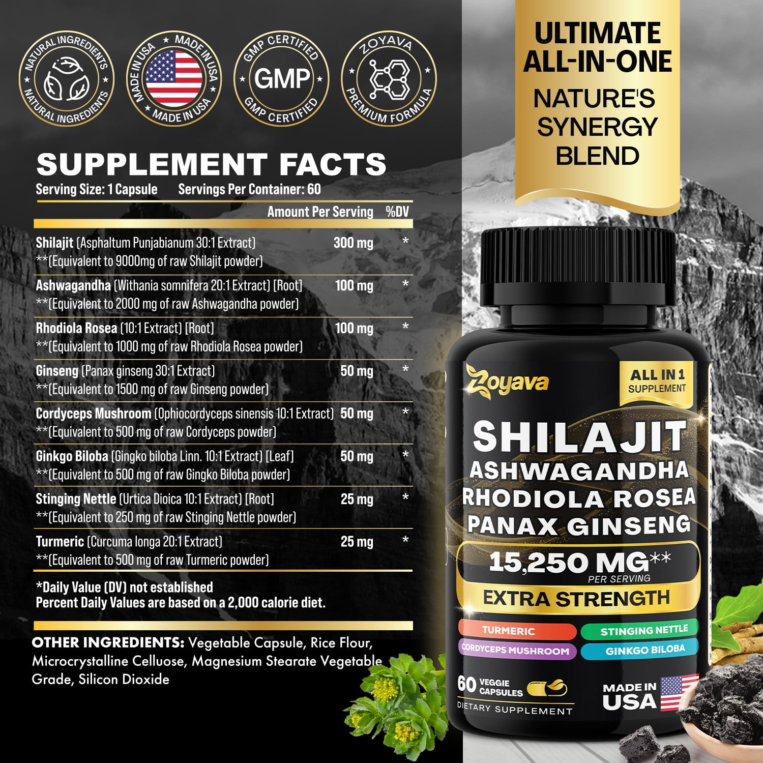 Shilajit 9000 Panax Ginseng 1500MG Ashwagandha 2000MG Rhodiola Rosea 1000MG, Turmeric 500MG, Gingko Biloba 500MG, Stinging Nettle 250MG, Cordyceps Mushroom 500MG (60 Caps)