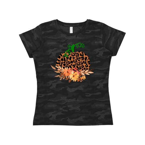 Inktastic Cheetah Print Pretty Pumpkin with Fall Leaves Women's T-Shirt