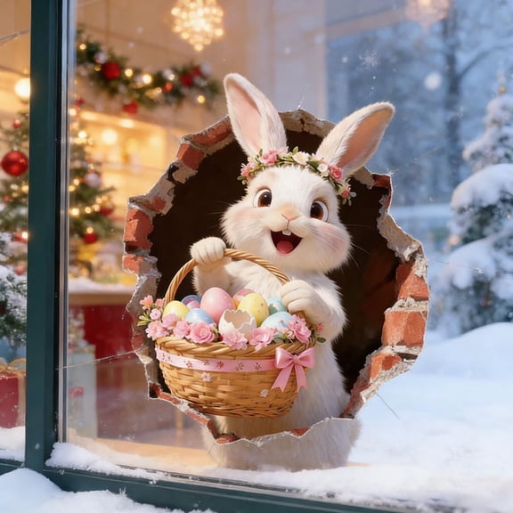 3D Easter Bunny Wall Decal – Realistic Breakthrough Effect Sticker, Waterproof Self-Adhesive for Windows, Doors, School, Office, and Party Decor