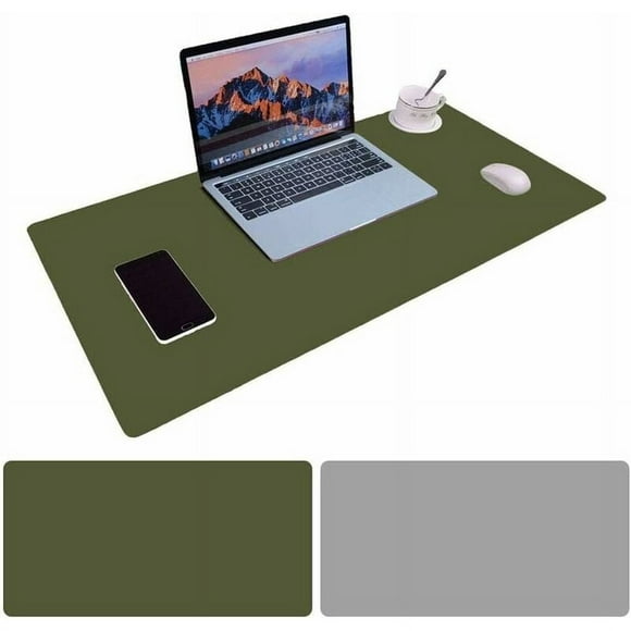 Non-Slip Computer Mat, Pu Leather Office Desk Mat With Seamless Non-Slip Experience, Waterproof Laptop Desk Blotter For Home & Office, Dual-Sided Desk Pad, Dark Green+Gray, 900 X 400 X 2 Mm
