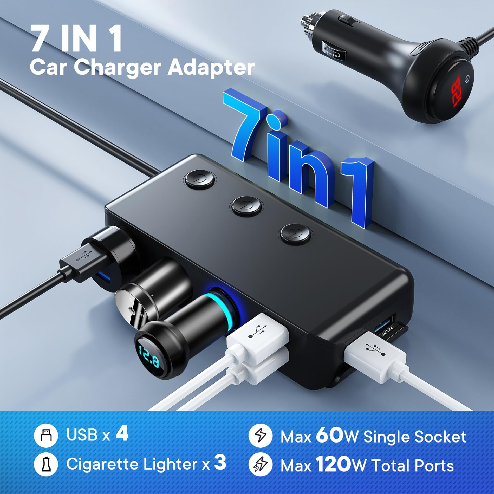 Car charger,fast charging, including 4 USB ports + 3 cigarette lighter ports, suitable for mobile phones, tablets and other electronic devices
