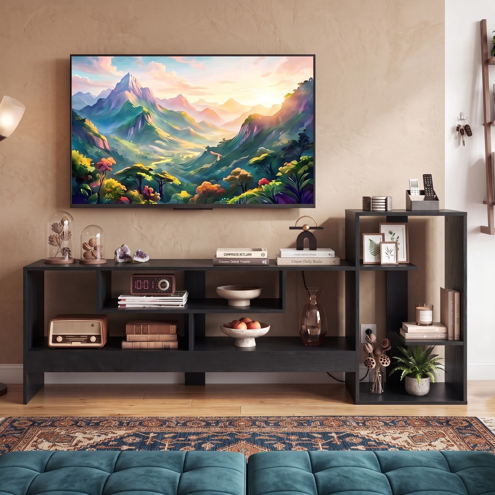 Furnibear Cube TV Stand for 55 Inch TV with Power Outlets, USB and Type-C Ports, Open Cube Storage Shelves, Entertainment Center Media Console for Living Room, Black