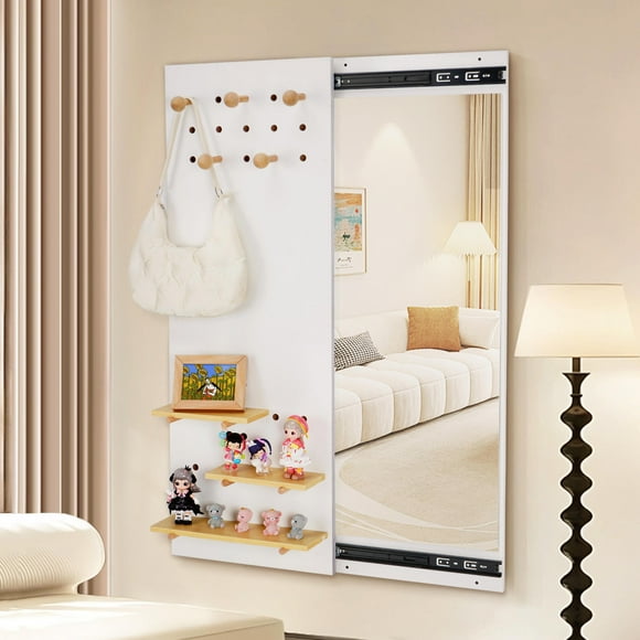 Hidden Wall Mirror Full Length, 2 in 1 Full Length Mirror, Entryway Wall Mounted Cabinet with Sliding Pegboard Display Shelf for Entryway Bedroom Living Room Decorative