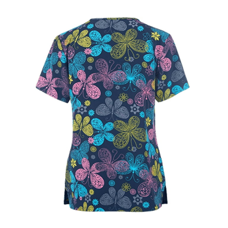Frontwalk Loose Short Sleeve Scrub Top for Women Ladies Butterfly Floral  Print Blouse Casual Pockets Workwear T Shirt 